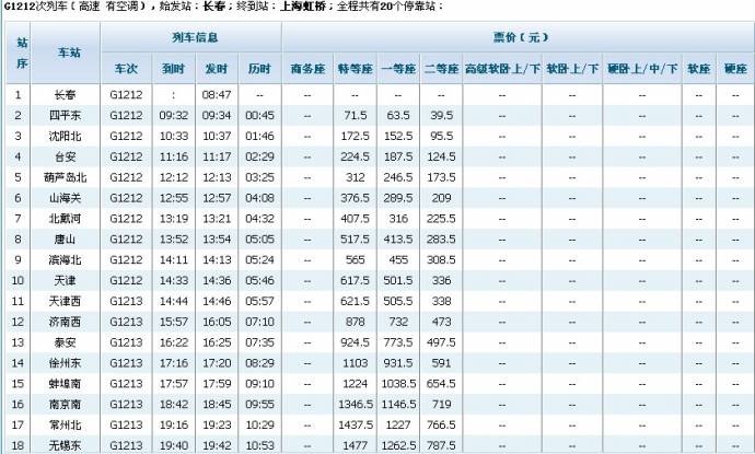 新增G1212\/3,G1214\/1次长春到上海虹桥列车_