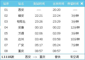 L1118\/9次西安到重庆列车时刻表_L1118\/9次列