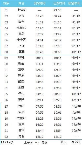 L1218\/7次列车时刻表_L121\/7次昆明到上海南